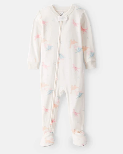 Baby Girl Dinosaur Print 100% Cotton Long-Sleeve 2-Way Zip 1-Piece Pyjamas - White