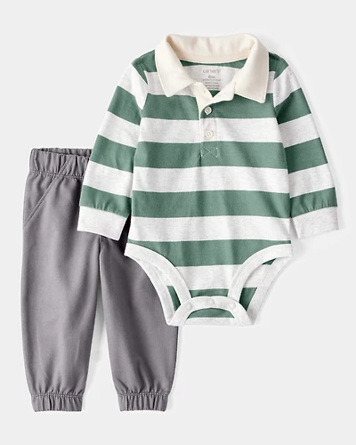 Baby Boy 2-Piece Striped Polo Bodysuit & Pull-On Pant Set
