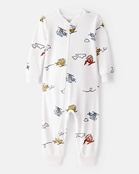 Baby Boy Helicopter Print DreamPlush Snug Fit Long-Sleeve 2-Way Zip 1-Piece Pyjamas - White
