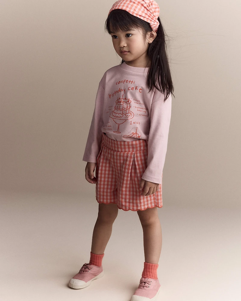 Toddler Girl Gingham Scalloped Short - Orange