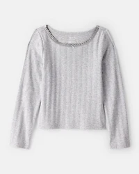 Girls Pointelle Long-Sleeve Top - Grey