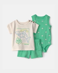 Baby Boy 3-Piece Shark Top, Bodysuit & Short Set - Green/Ivory