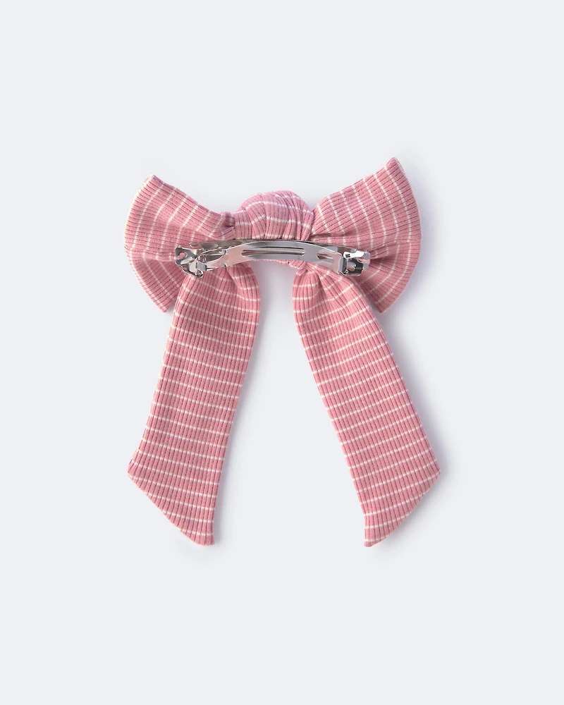 Toddler Girl Bow Hair Clip in Stripes - Light Pink