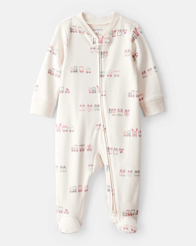 Baby Girl Train Print 100% Cotton Long-Sleeve Snug Fit Sleeper- White
