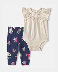 Baby Girl 2-Piece Eyelet Bodysuit & Pant Set - Cream/Blue