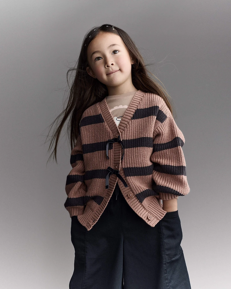 Toddler Girl Striped Puff-Sleeve Cardigan with Bows - Mocha Brown/Black