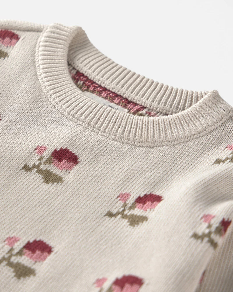 Toddler Girl Organic Cotton Sweater Knit Pullover Floral Jacquard