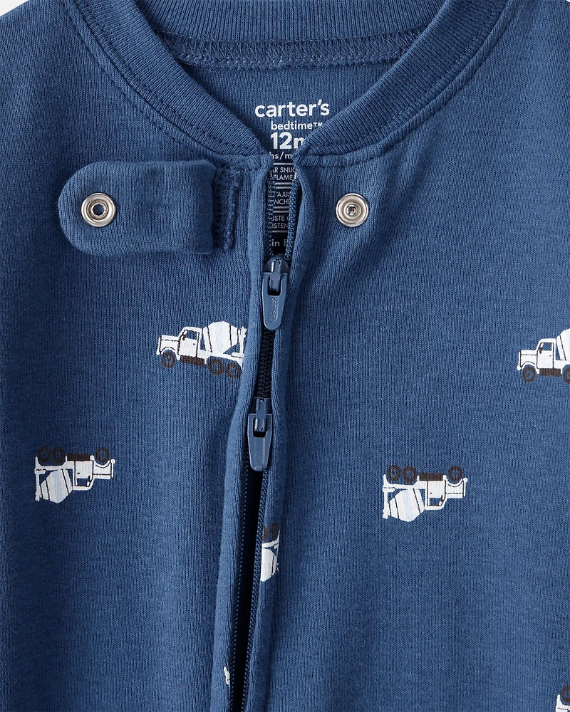 Baby Boy Construction Print 100% Cotton Long-Sleeve 2-Way Zip 1-Piece Pyjamas - Blue