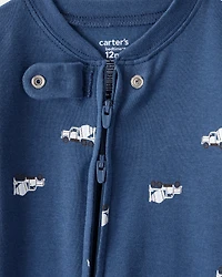 Baby Boy Construction Print 100% Cotton Long-Sleeve 2-Way Zip 1-Piece Pyjamas - Blue