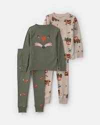 Baby Boy 4-Piece Fox 100% Cotton Snug Fit Pyjama Set - Green/Cream