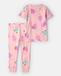 Toddler Girl Ice Cream 100% Cotton Short-Sleeve Snug Fit 2-Piece pyjama Set - Pink