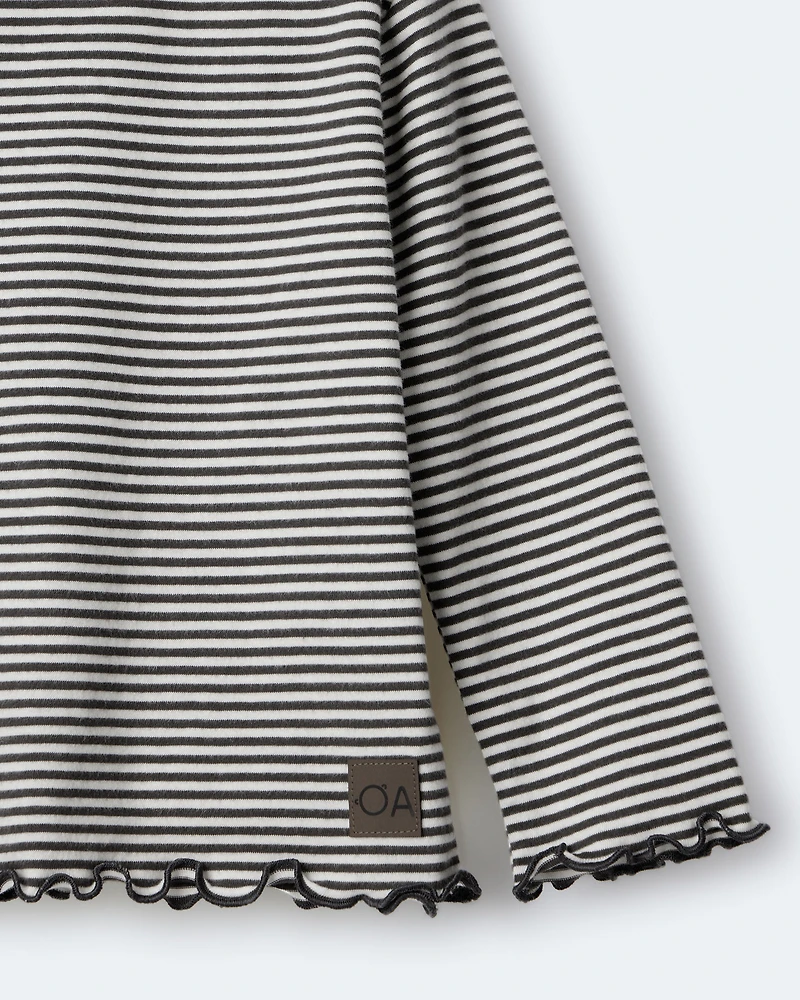 Toddler Girl Striped Ruffle Edge Long-Sleeve Top - Dark Grey/Ivory