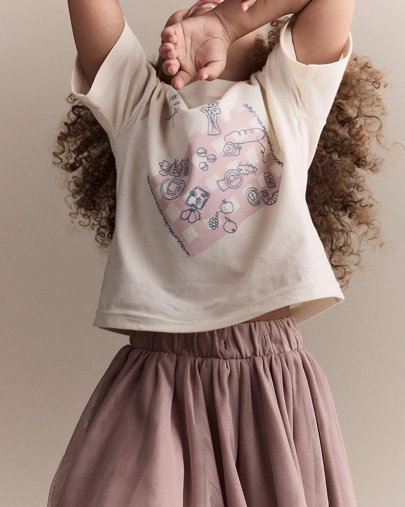 Toddler Girl Picnic Relaxed Graphic Tee - Cream