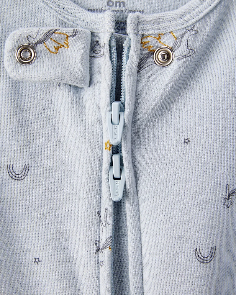 Baby Girl Unicorn Star Print 100% Cotton Long-Sleeve 2-Way Zip Sleeper - Blue