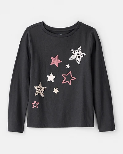 Girls Cheetah Stars Long-Sleeve Graphic Tee - Black
