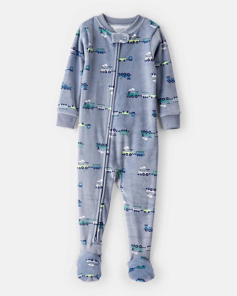 Baby Boy Train DreamPlush Long-Sleeve Snug Fit 1-Piece Pajamas - Blue/Grey