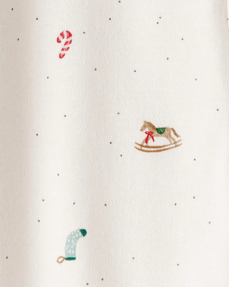 Baby Christmas Microprint 100% Cotton Sleeper - Cream