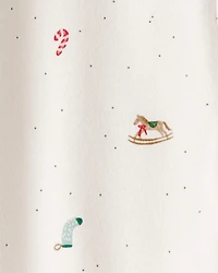 Baby Christmas Microprint 100% Cotton Sleeper - Cream