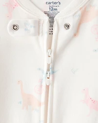 Baby Girl Dinosaur Print 100% Cotton Long-Sleeve 2-Way Zip 1-Piece Pyjamas - White