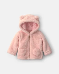 Baby Girl Bear Teddy Fleece Zip-Up Hoodie - Pink