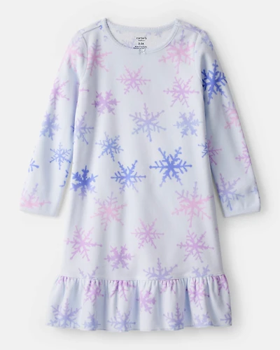 Girls Snowflake Print Fleece Long-Sleeve Loose Fit Night Gown - Blue