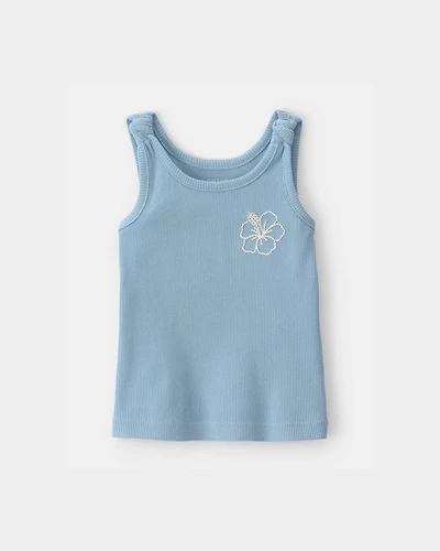 Baby Girl Flower Ribbed Tank Top - Blue