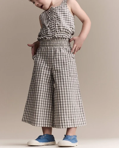 Toddler Girl Gingham Smocked Wide Leg Pant - Cream/Grey