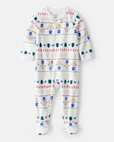 Toddler Christmas Fair Isle Print Fleece Long-Sleeve Loose Fit 1-Piece pyjamas - White