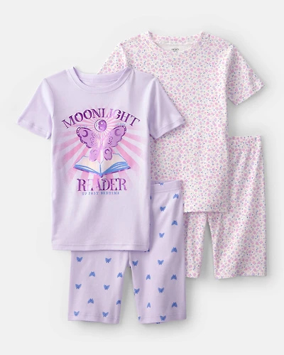 Girls Butterfly Floral 100% Cotton Short-Sleeve Snug Fit 4-Piece pyjama Set - Purple
