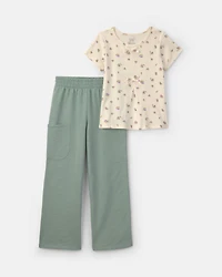 Girls 2-Piece Floral Short-Sleeve Top & Pant Set – Cream/Green