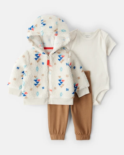 Baby Boy 3-Piece DayDream Fleece Aztec Sherpa Outfit Set - Cream