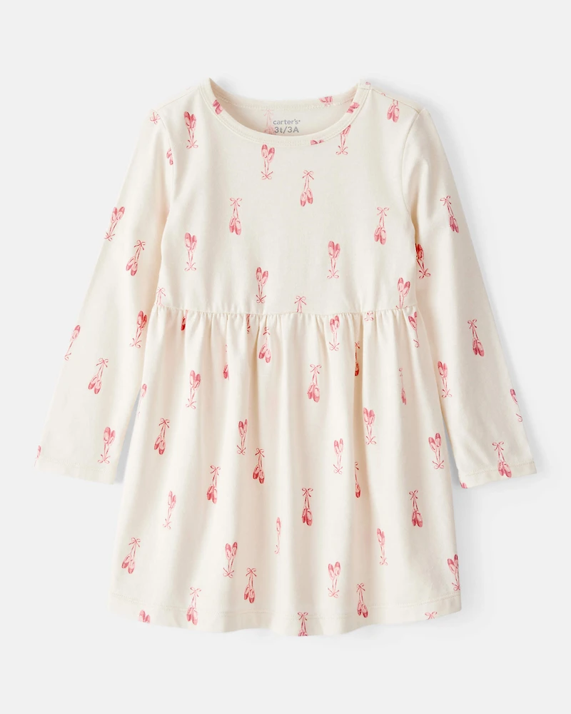 Toddler Girl Ballet Slipper Print Long-Sleeve Dress - Ivory