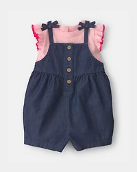 Baby Girl 2-Piece Chambray Romper Set - Pink/Blue