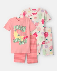 Girls Fruit 100% Cotton Short-Sleeve Snug Fit 4-Piece pyjama Set - Pink