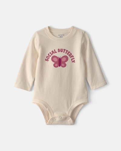 Baby Girl 'Social Butterfly' Long-Sleeve Graphic Bodysuit - Cream