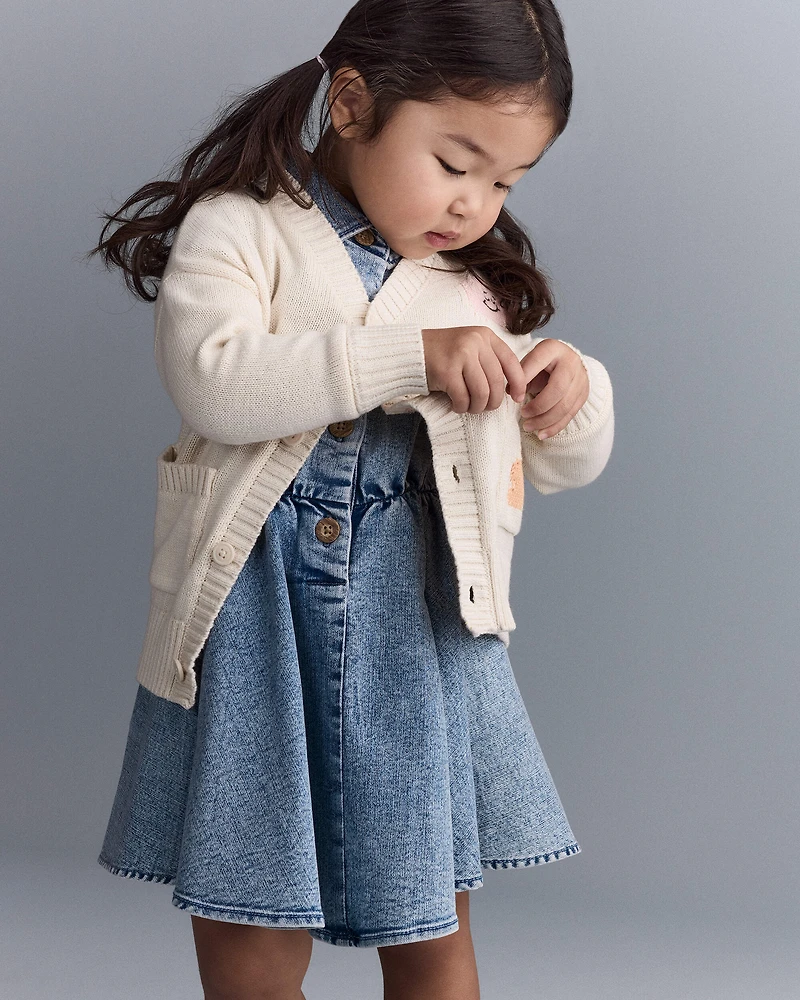 Toddler Cardigan with Avenue Pockets Character Print- Cream