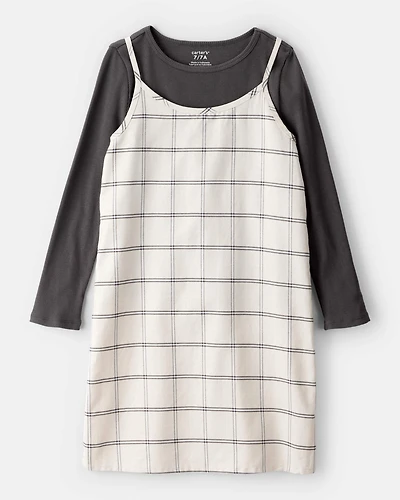 Girls 2-Piece Plaid Long-Sleeve Dress Set - White