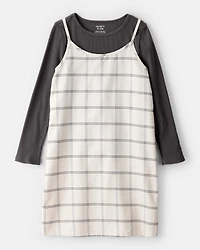 Girls 2-Piece Plaid Long-Sleeve Dress Set - White