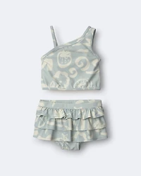 Toddler Girl Tropical One-Shoulder Ruffle Tankini Set - Sage