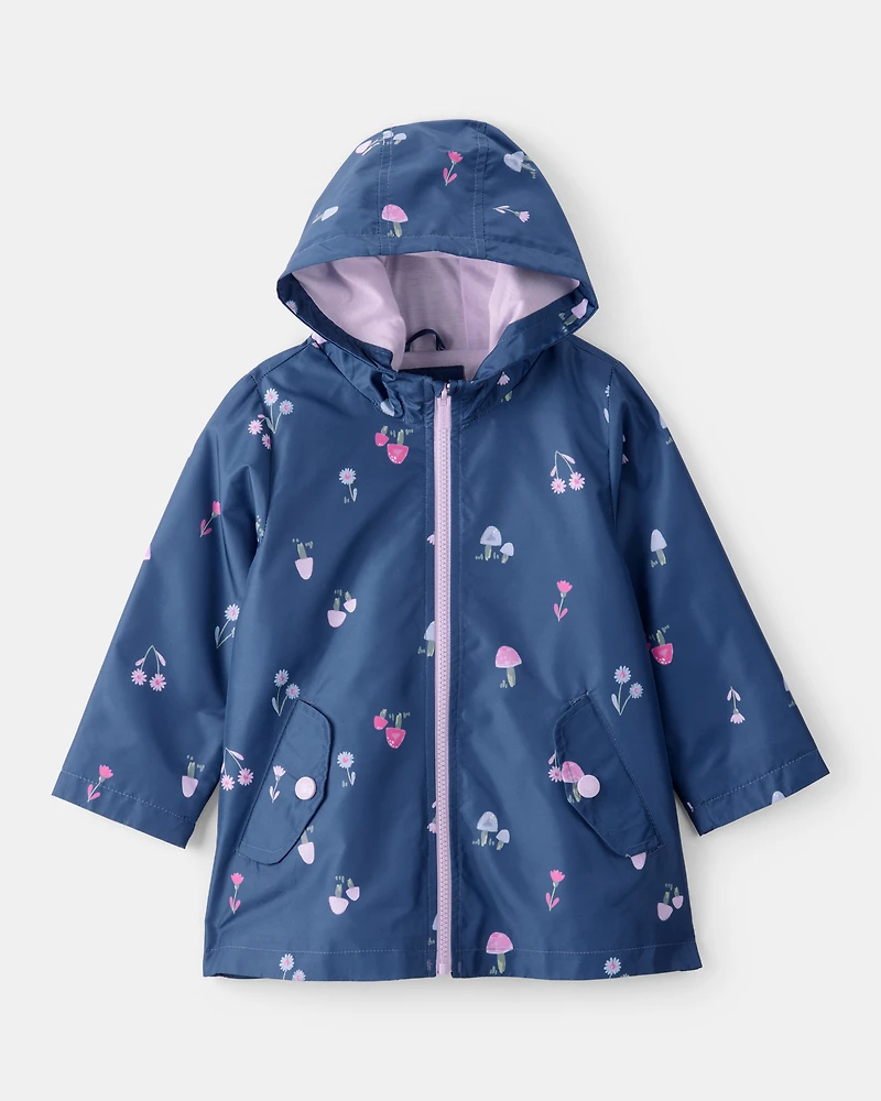 Girls Mushroom & Flower Print Rain Jacket - Navy
