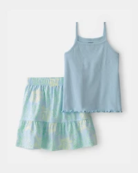 Girls 2-Piece Tank Top & Tropical Floral  Skirt Set - Blue