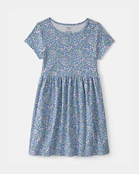 Girls Floral Rib Short-Sleeve Dress - Blue