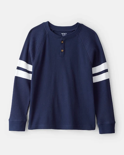 Boys Stripe Thermal Long-Sleeve Henley T-Shirt - Navy