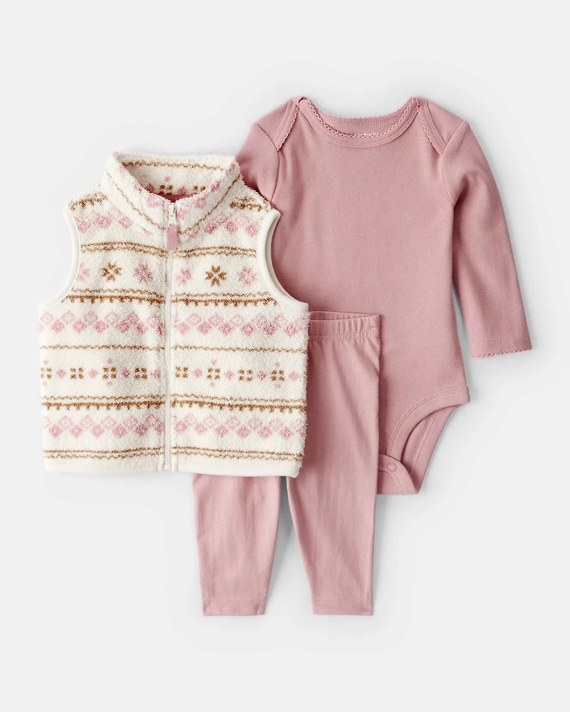 Baby Girl 3-Piece Fair Isle Sherpa Vest Outfit Set - Pink