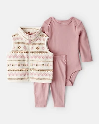 Baby Girl 3-Piece Fair Isle Sherpa Vest Outfit Set - Pink