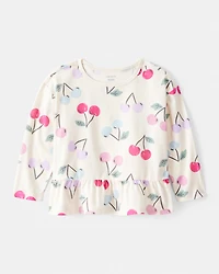 Toddler Girl Cherry Long-Sleeve Peplum Top - White
