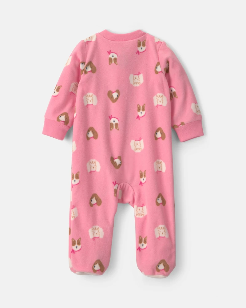 Baby Girl Dog Fleece 2-Way Zip Sleeper - Pink