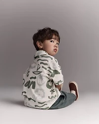 Toddler Boy Button-Down Short Sleeve Shirt Sailboat Print - Cream