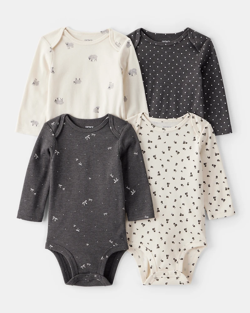 Baby Girl 4-Pack Sheep Print Long-Sleeve Multipack Bodysuits - Black/White