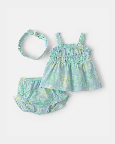 Baby Girl 3-Piece Coral Top & Short Set - Blue/Green